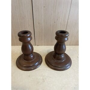 Vintage Primitive Wooden Pair of Turned Rustic Candlestick Holders Farmhouse